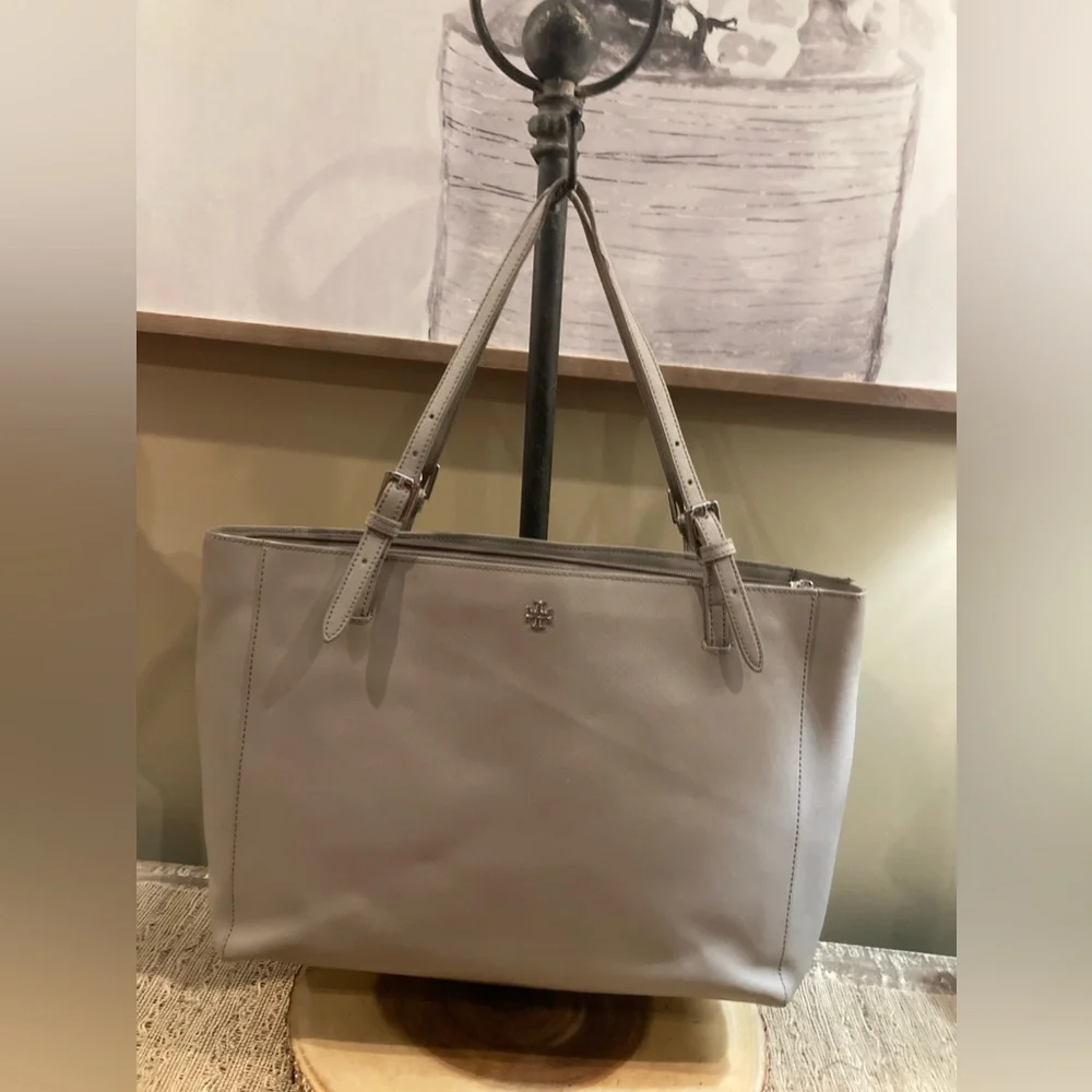 Tory Burch York Buckle Tote Taupe Grey Heron Purse Laptop‎ handbag